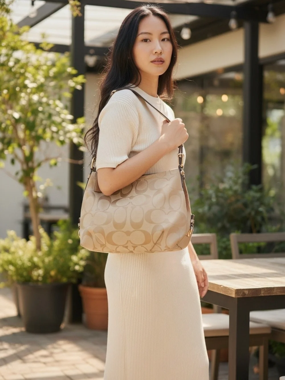 Coach Signature C Jacquard Shoulder Bag & Black Wallet Set Beige Tan